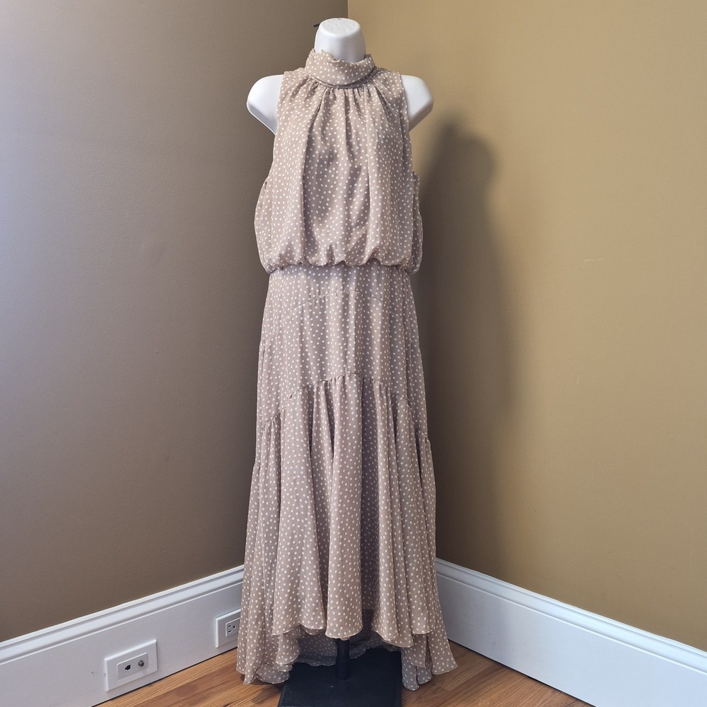 Taylor Beige Polka Dot Sleeveless Ruffle Maxi Dress High‎ Neck Chiffon Size 8